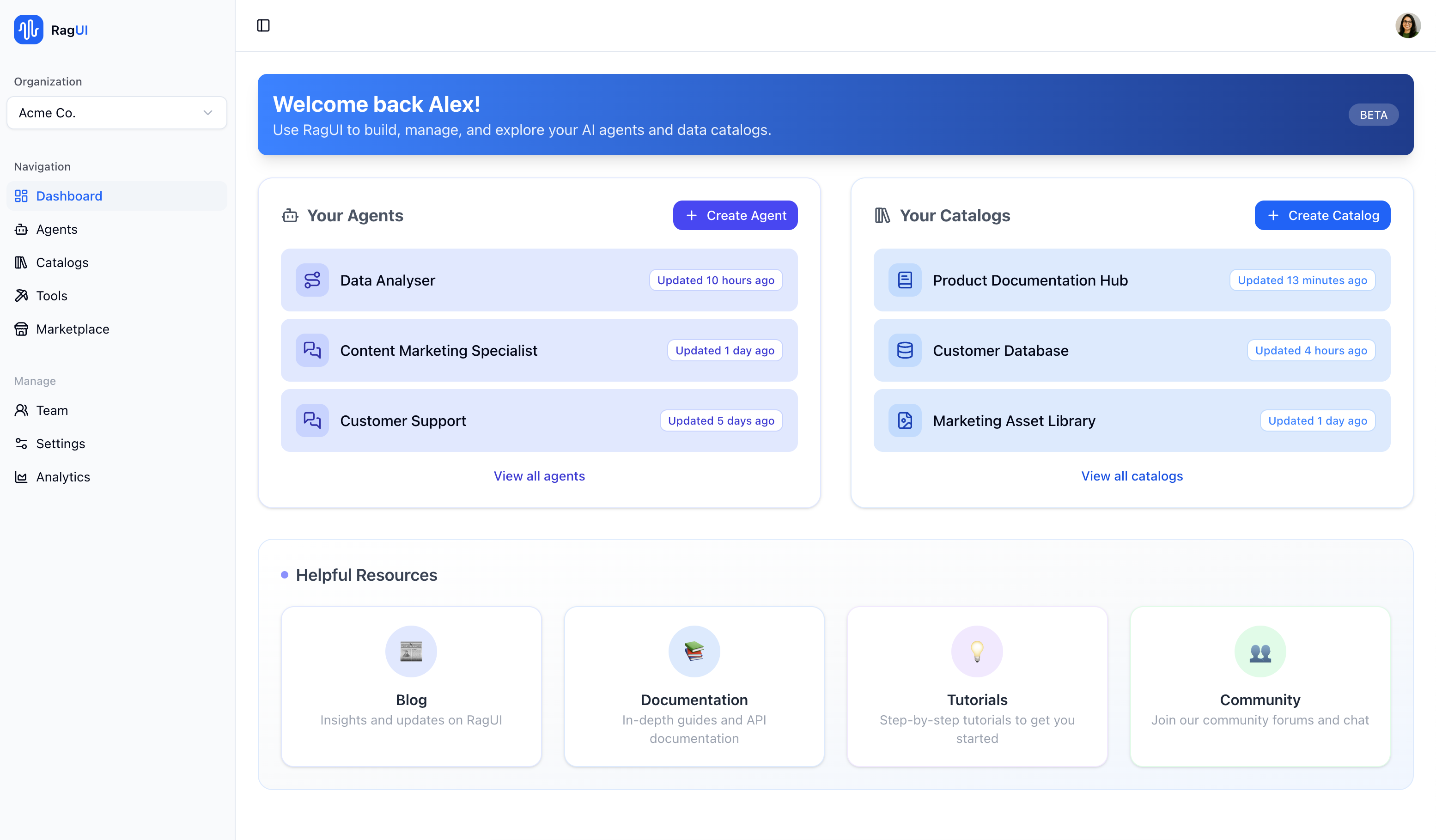 RagUI dashboard showing AI agents and data catalogs